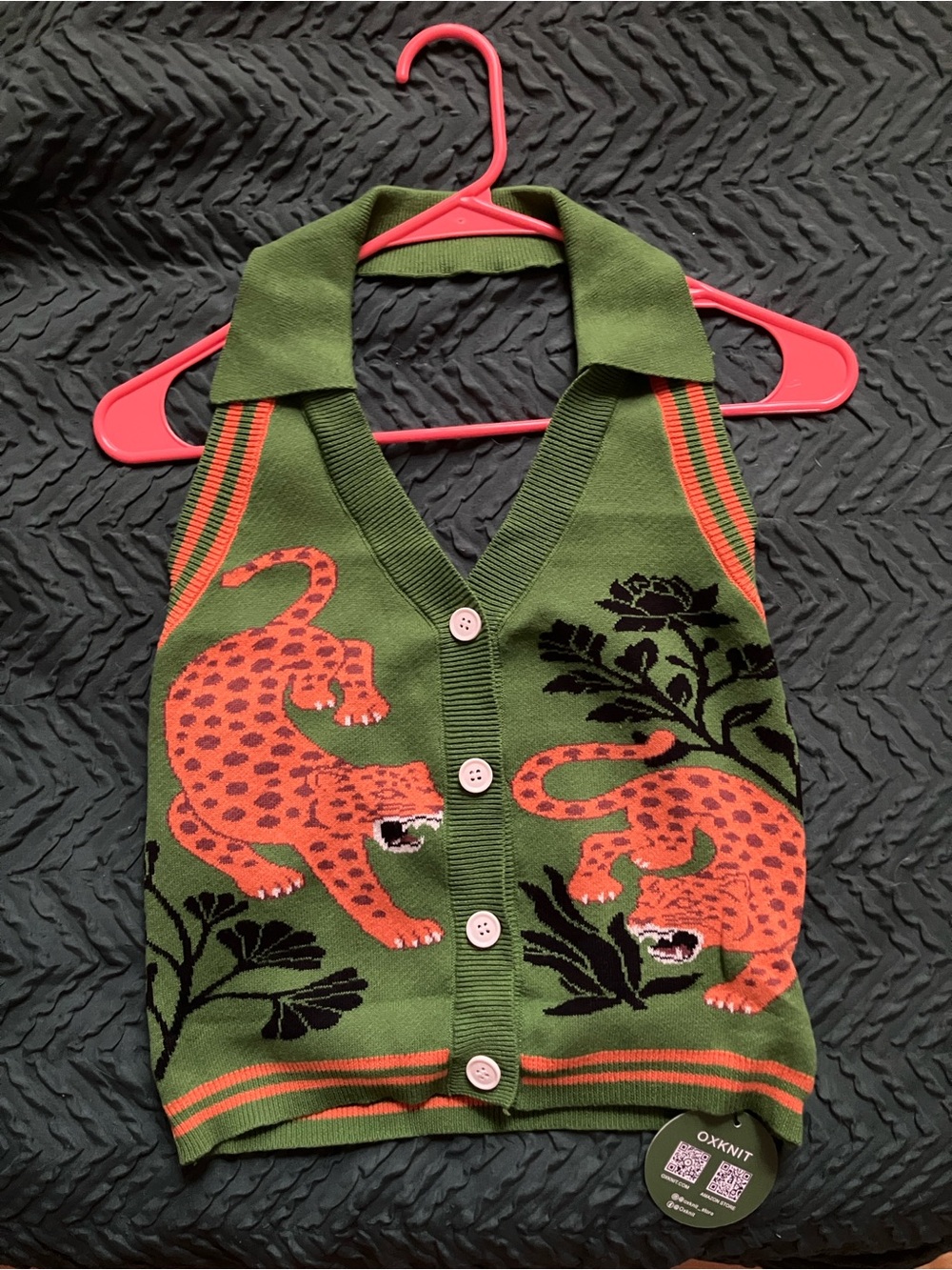 Green Tank Top Vest with Orange Leopard Motif